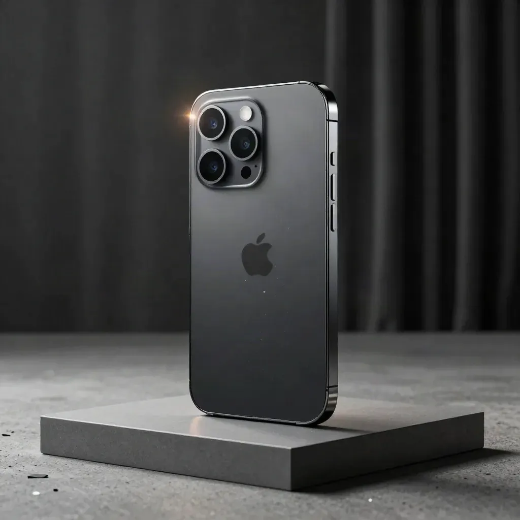 Matte black smartphone on a launch pedestal with glass reflections and haze