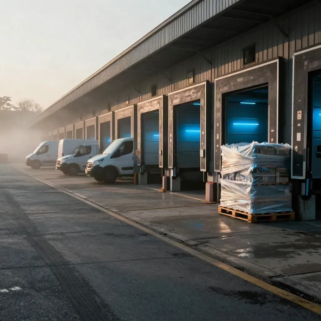 Loading bays rise at dawn with idling vans, pallet stacks, mist, and a blue dock glow.