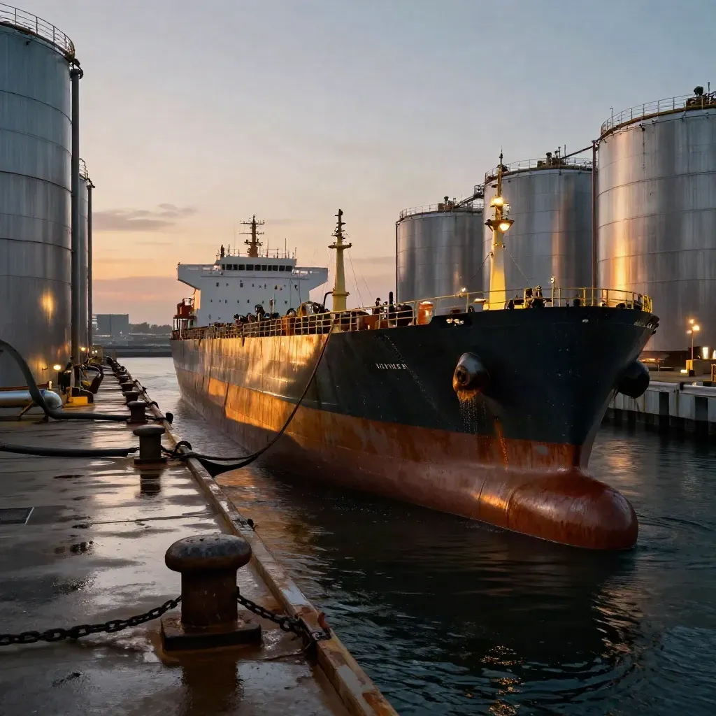 Crude tanker easing into berth beside storage tanks at sunset, terminal lights flickering on.