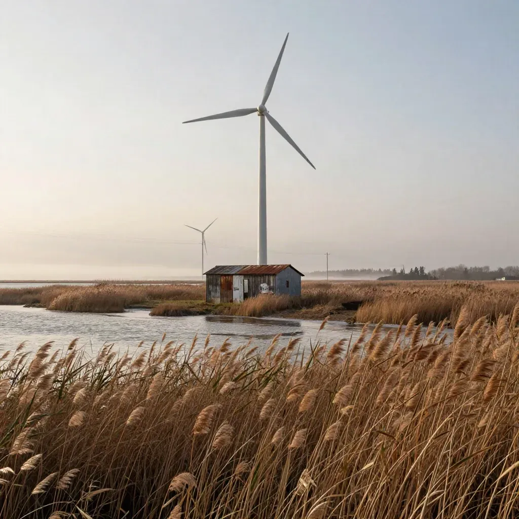 Wind turbines above a misty marsh beside a weathered shed and power lines