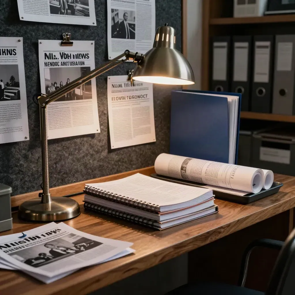 Newsroom shelf with pinned prints, glowing desk lamp, and face-down notebooks in warm dust