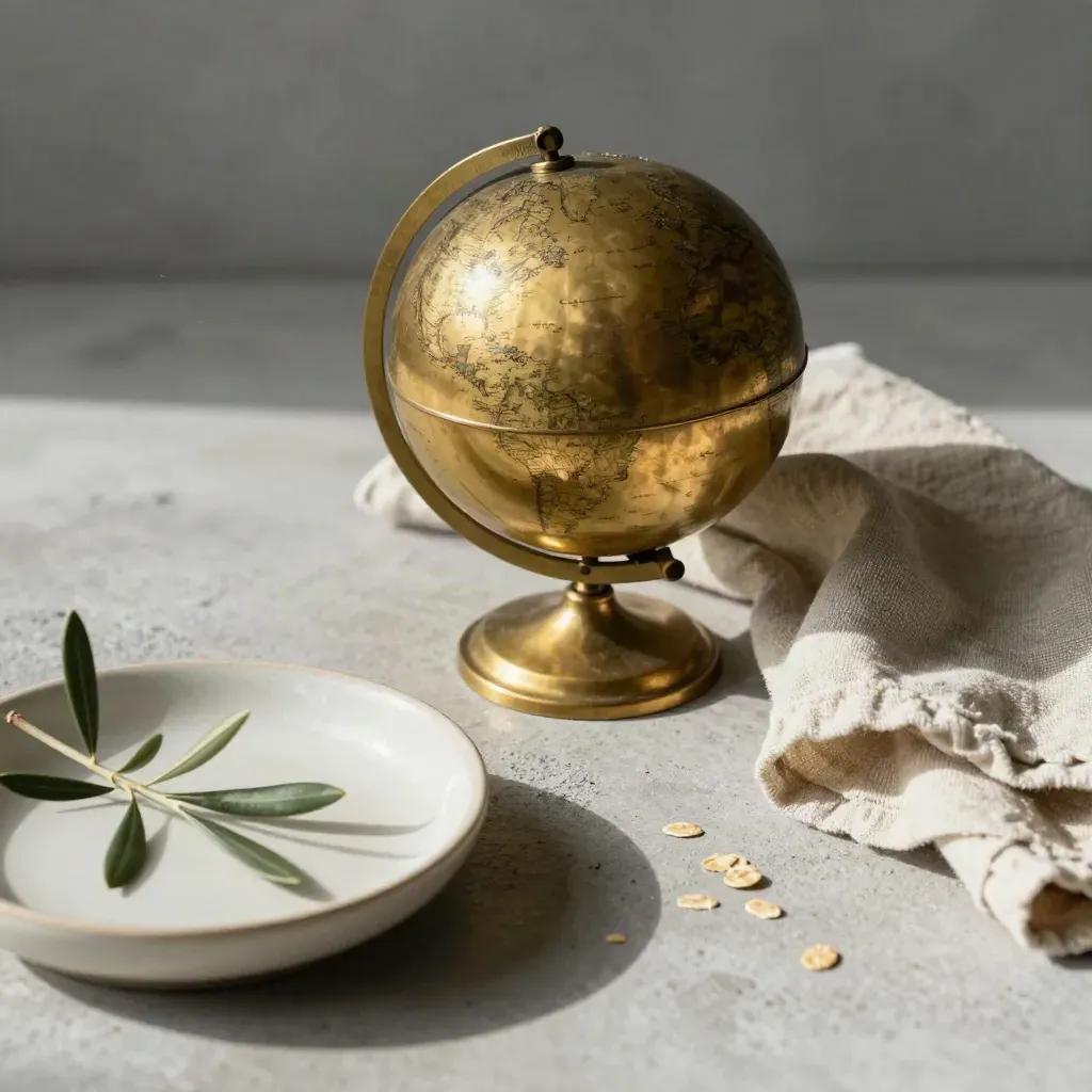 Brass globe with linen, ceramic dish and olive sprig on stone, shot straight down.