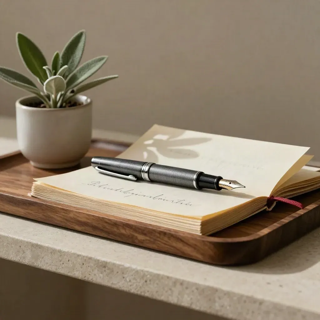 Fountain pen beside a folded manuscript page, cup and small plant on a walnut tray in soft window light.